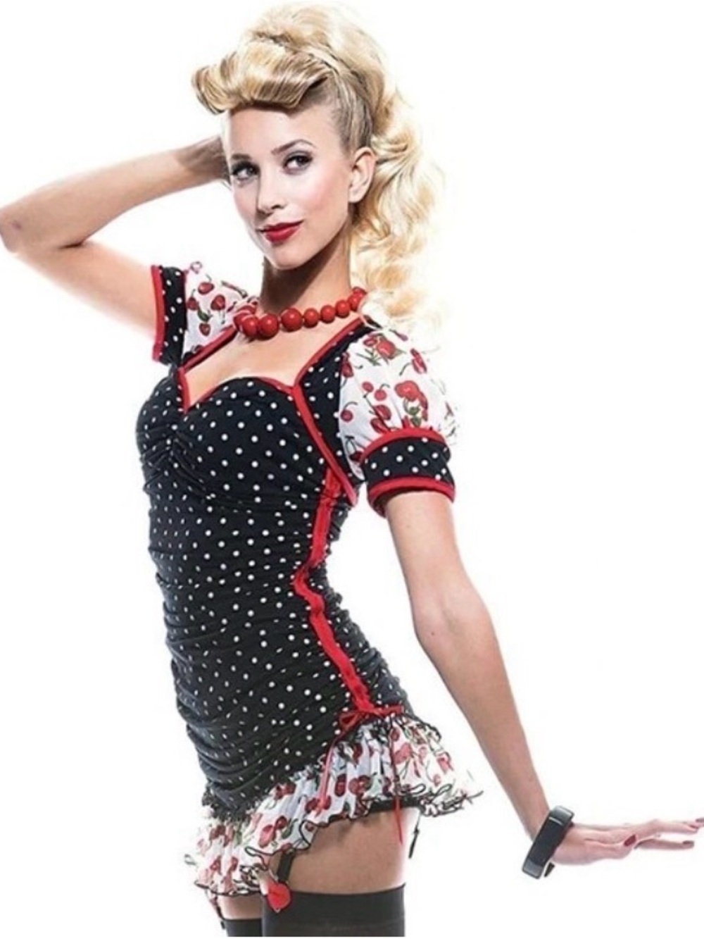 Women's Black Polka Dot Tunic with Red Trim and Cherry Print